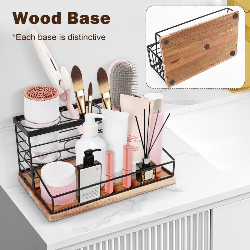 Siyzda Hair Tool Organizer  Movable Hair Dryer Holder  Hair Styling Tools Organizer Storage for Vanity  Black Bathroom Counter Organizer  Bathroom Trays for Hair Toiletry  Makeup (Wooden Base) - Image 4